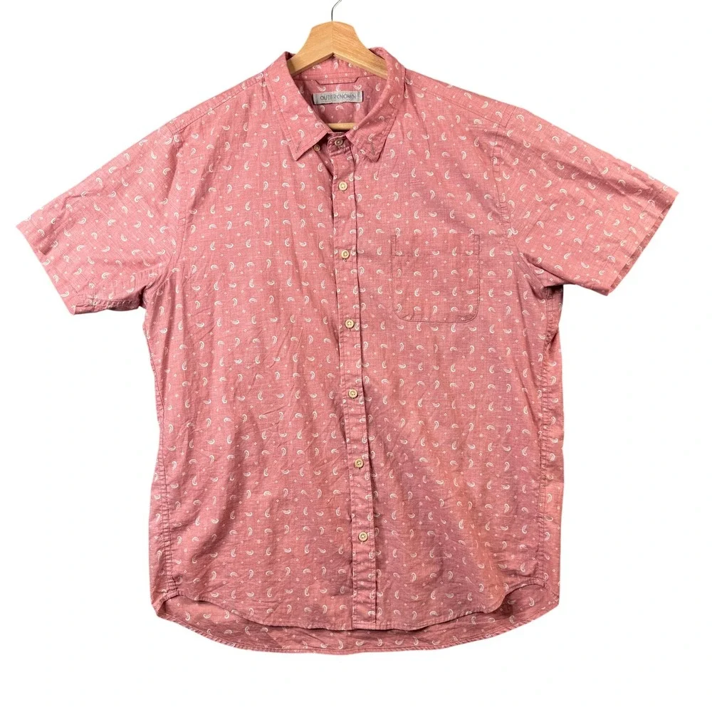 Outerknown Mens Large Pink Paisley Organic Cotton Hemp Short Sleeve Button Shirt - Picture 2 of 7